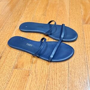 TKEES Women’s 7 38 Gemma Sandals  Minimalist Double Strap Leather Slides Navy